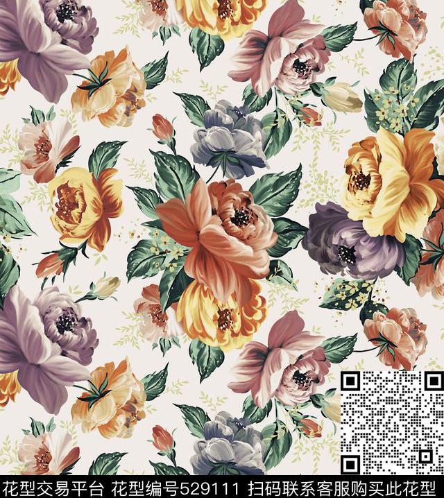 flower design - 529111 - textile design printing - 数码印花花型 － 床品花型设计 － 瓦栏