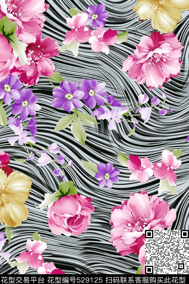 抽象几何底纹牡丹花 - 529125 - 花卉 - 数码印花花型 － 女装花型设计 － 瓦栏