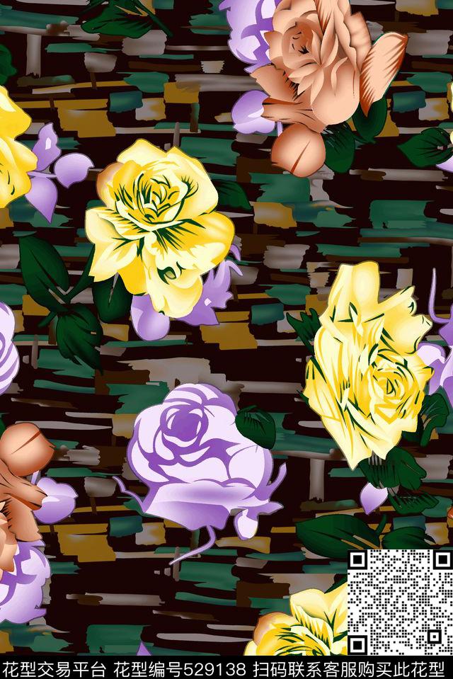 几何涂鸦方块牡丹玫瑰花卉 - 529138 - 复古 瑰花 牡丹 - 数码印花花型 － 女装花型设计 － 瓦栏