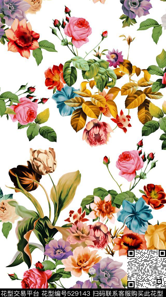 flower design - 529143 - textile design printing - 数码印花花型 － 床品花型设计 － 瓦栏