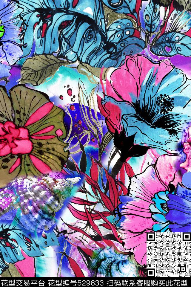水墨抽象水墨花型 - 529633 - 花卉 水墨 底纹花 - 数码印花花型 － 女装花型设计 － 瓦栏