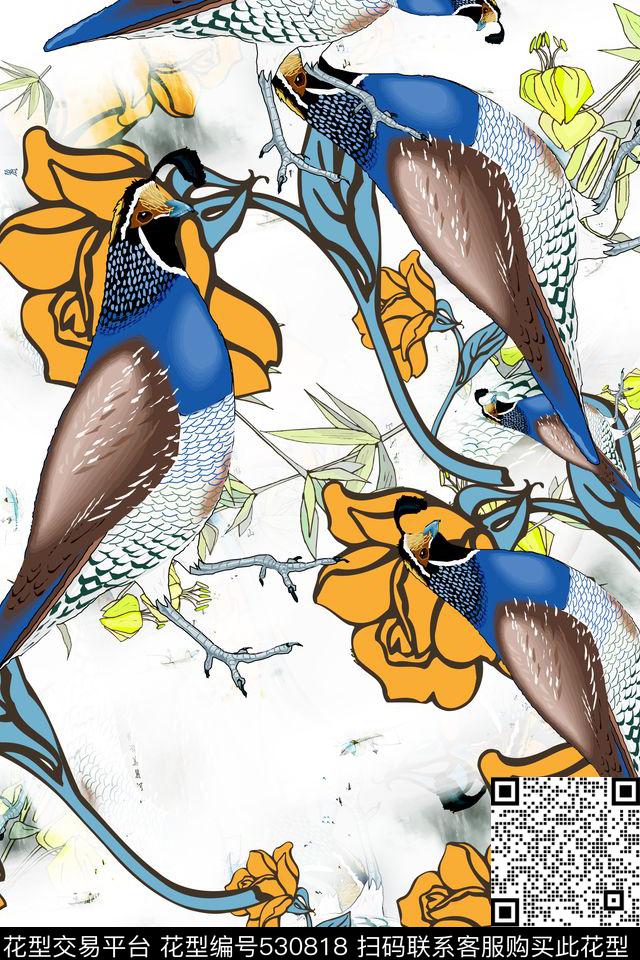 风景 - 530818 - 鸟语花香 动物 诗意 - 数码印花花型 － 女装花型设计 － 瓦栏