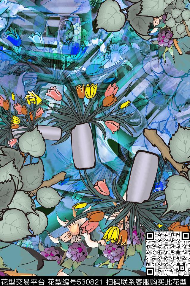花卉 - 530821 - 花卉 抽象 景观 - 数码印花花型 － 女装花型设计 － 瓦栏