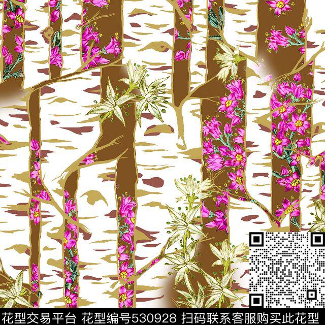 白桦林复古花朵数码印花花型下载（图片编号: 530928） - 瓦栏（Walan）