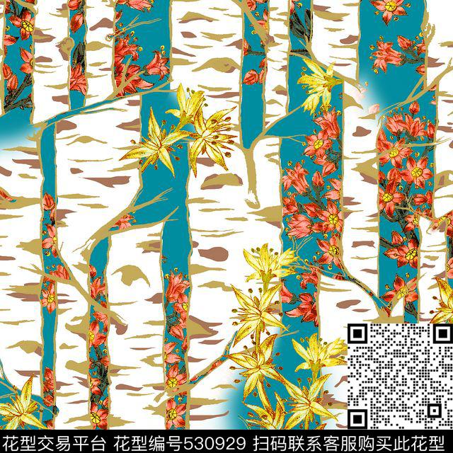 白桦林复古花朵数码印花花型下载（图片编号: 530929） - 瓦栏（Walan）