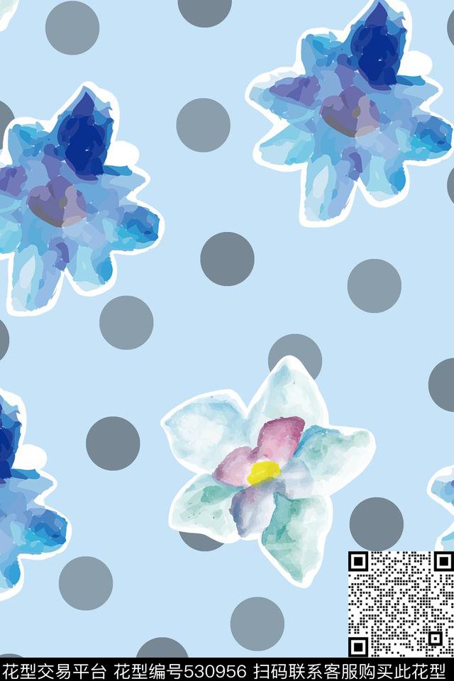 波点蓝色底色手绘小花数码印花花型下载（图片编号: 530956） - 瓦栏（Walan）