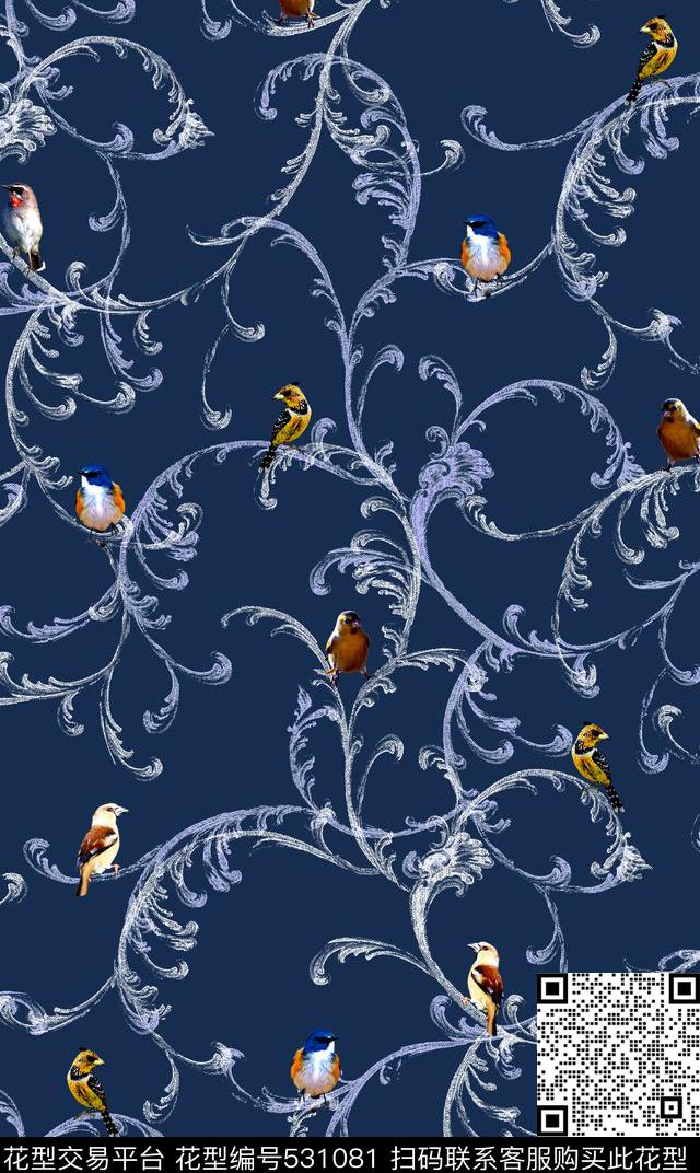 复古 时尚 藤蔓 鸟 组合 服装 家纺 沙发布 花型 - 531081 - 服装 复古 家纺 - 数码印花花型 － 床品花型设计 － 瓦栏