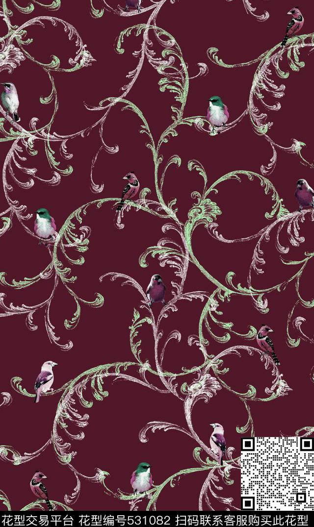 复古 时尚 藤蔓 鸟 组合 服装 家纺 沙发布 花型 - 531082 - 服装 复古 家纺 - 数码印花花型 － 床品花型设计 － 瓦栏