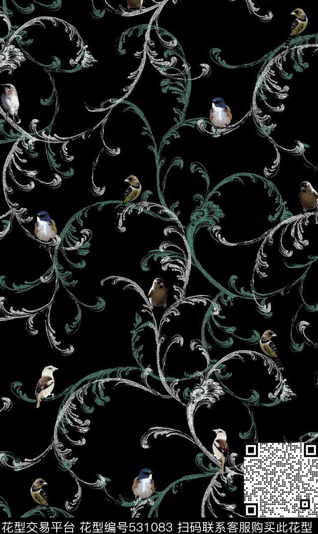 复古 时尚 藤蔓 鸟 组合 服装 家纺 沙发布 花型 - 531083 - 服装 复古 家纺 - 数码印花花型 － 床品花型设计 － 瓦栏