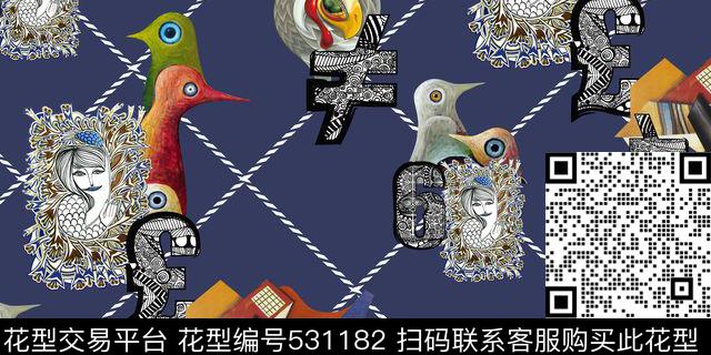 抽象画斜条企鹅数码印花花型下载（图片编号: 531182） - 瓦栏（Walan）