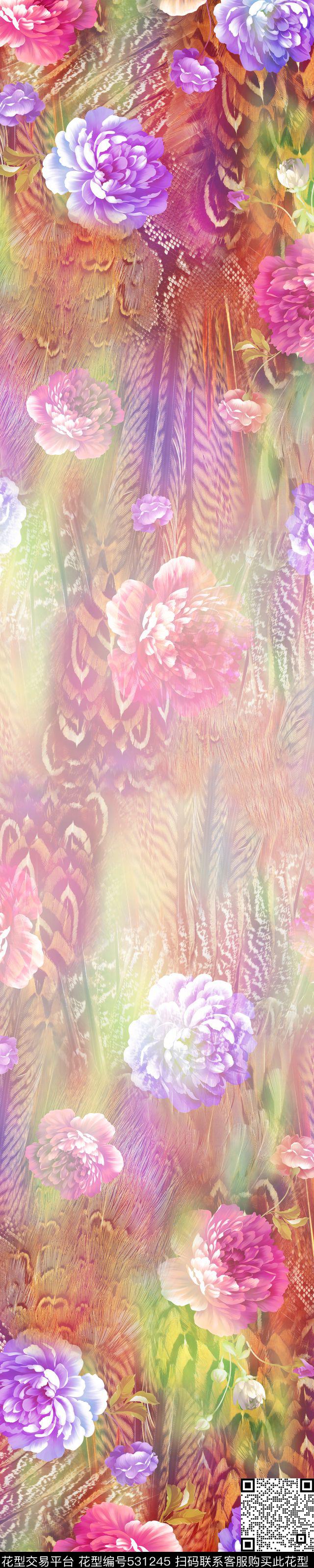 蟒蛇纹羽毛牡丹花定位花型 - 531245 - 蟒蛇纹 牡丹花 时尚 - 数码印花花型 － 女装花型设计 － 瓦栏