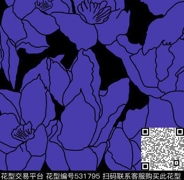 传统印花大花线条花卉传统印花花型下载（图片编号: 531795） - 瓦栏（Walan）