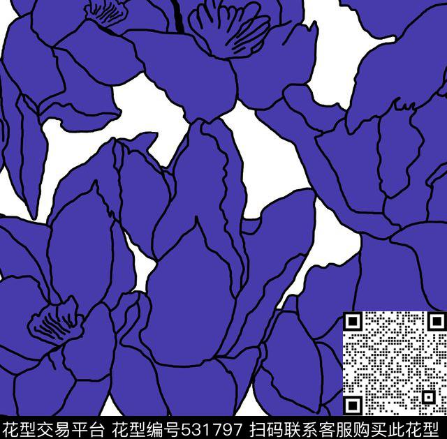 传统印花大花线条花卉传统印花花型下载（图片编号: 531797） - 瓦栏（Walan）