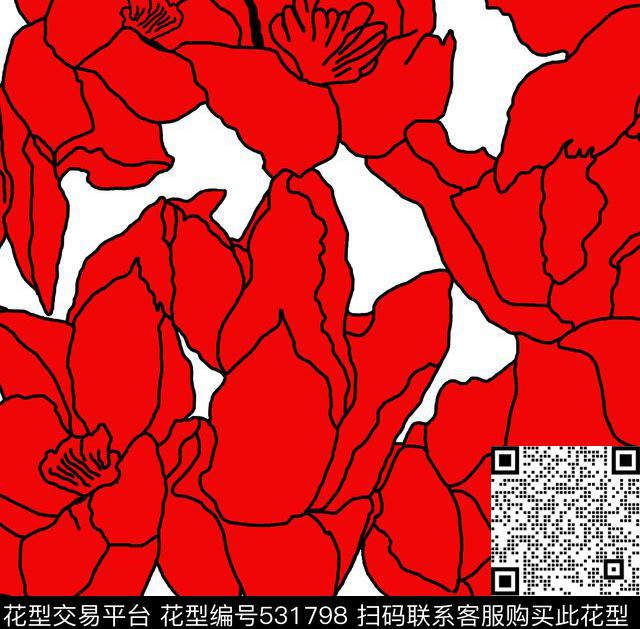 传统印花大花线条花卉传统印花花型下载（图片编号: 531798） - 瓦栏（Walan）