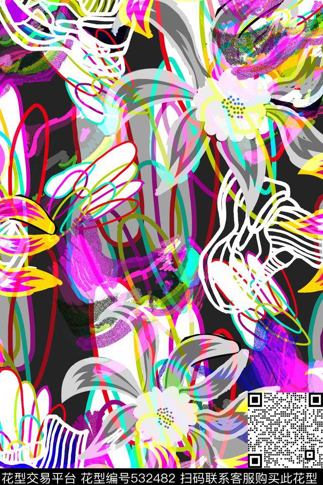 流行时尚趣味涂鸦手绘数码印花花型下载（图片编号: 532482） - 瓦栏（Walan）
