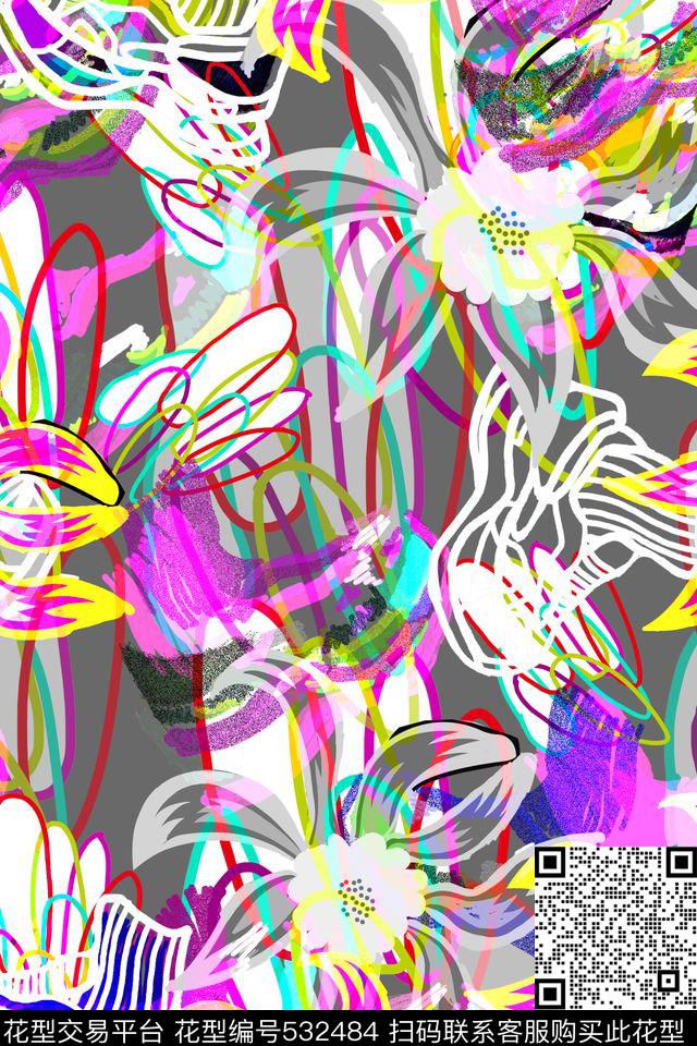 流行时尚趣味涂鸦手绘数码印花花型下载（图片编号: 532484） - 瓦栏（Walan）