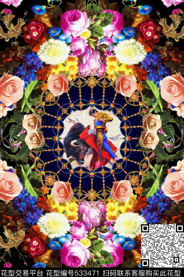定位图案大牌女装复古油画花卉欧式复古花边油画民族纹样欧式复古数码印花花型下载（图片编号: 533471） - 瓦栏（Walan）