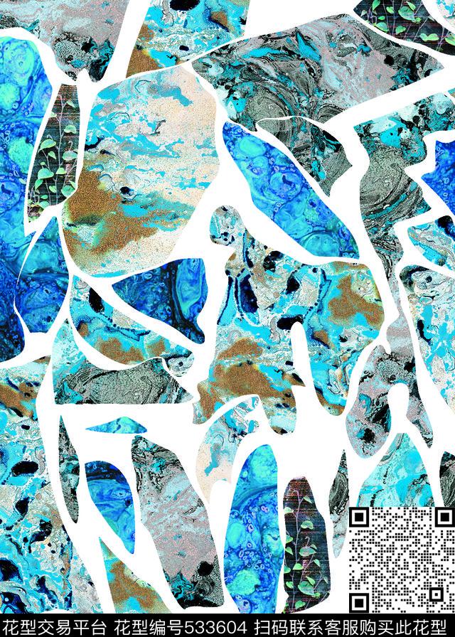石头纹树叶乱方块数码印花花型下载（图片编号: 533604） - 瓦栏（Walan）
