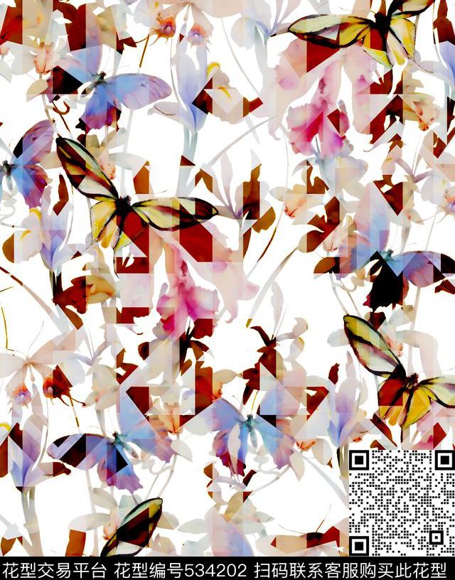 几何花卉 - 534202 - 抽象 花卉 几何 - 数码印花花型 － 女装花型设计 － 瓦栏