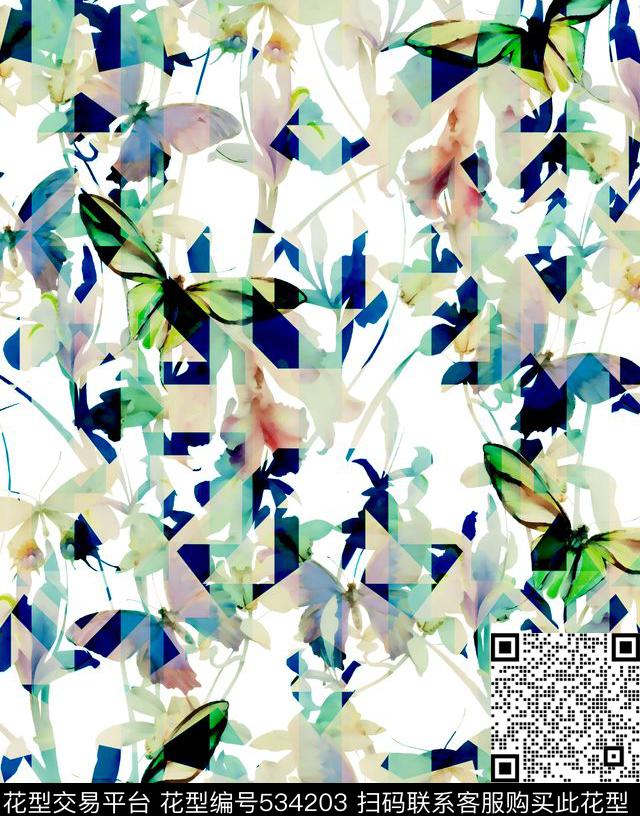 几何花卉 - 534203 - 抽象 花卉 几何 - 数码印花花型 － 女装花型设计 － 瓦栏