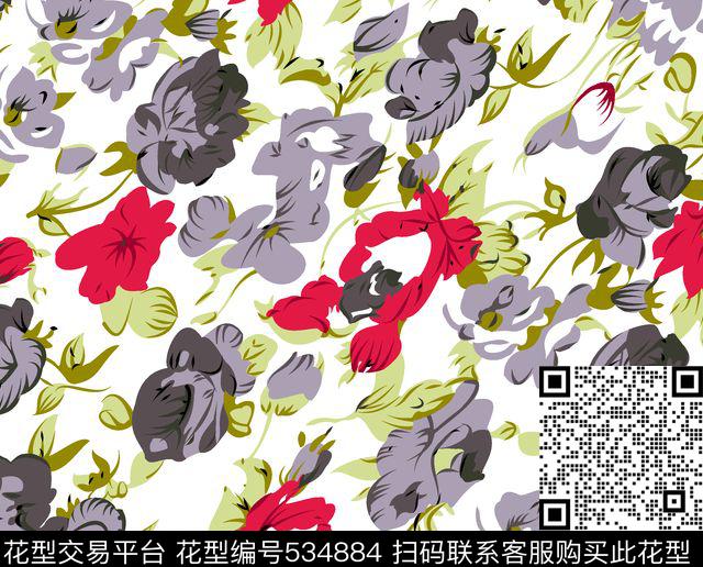 字母定位花扎染花型传统印花花型下载（图片编号: 534884） - 瓦栏（Walan）