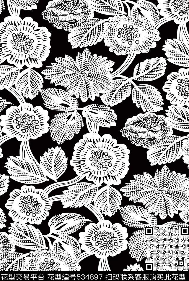 线条几何花卉花纹传统印花花型下载（图片编号: 534897） - 瓦栏（Walan）