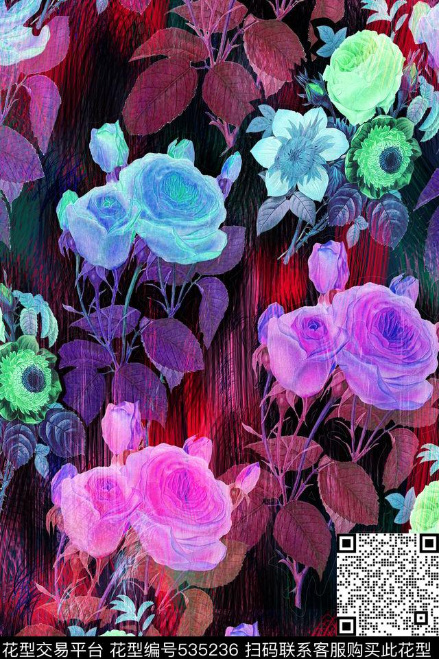花卉彩色玫瑰时尚大牌数码印花花型下载（图片编号: 535236） - 瓦栏（Walan）