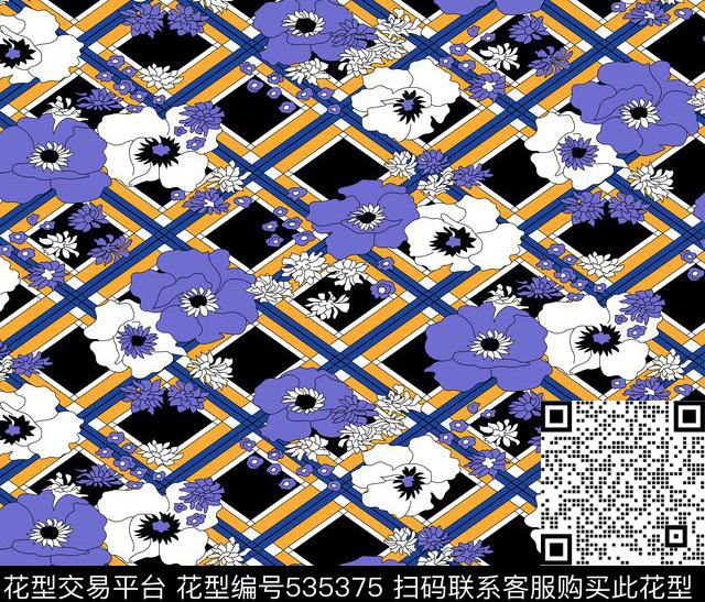 线条几何花卉花纹传统印花花型下载（图片编号: 535375） - 瓦栏（Walan）