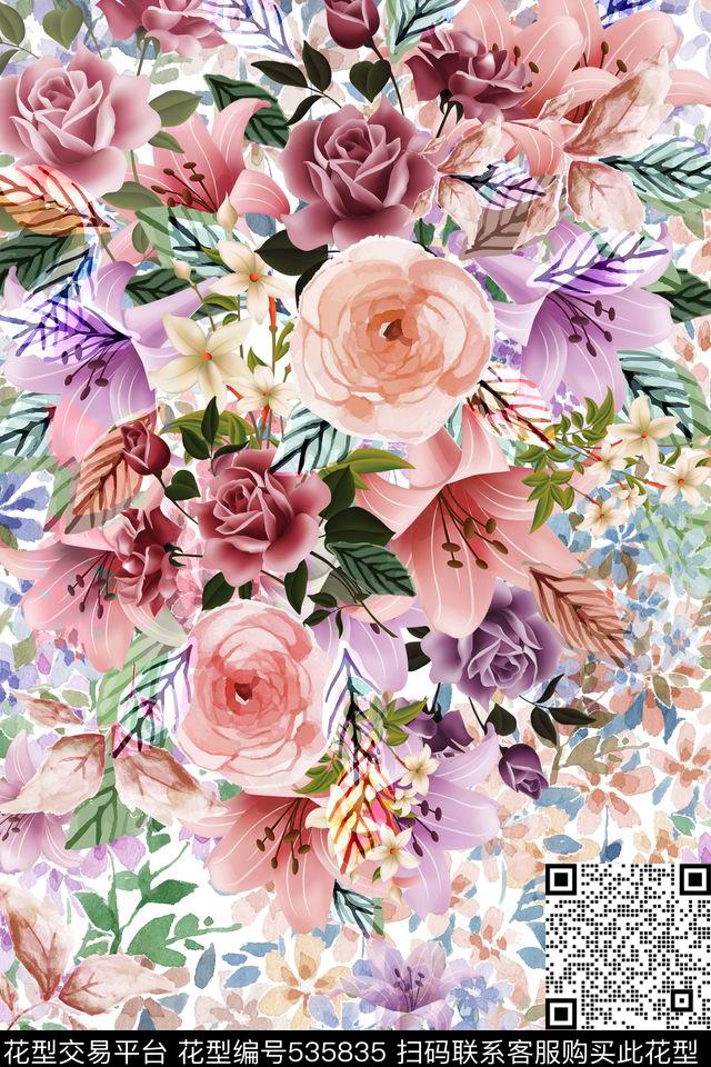 浪漫玫瑰流行时尚轻复古花型数码印花花型下载（图片编号: 535835） - 瓦栏（Walan）