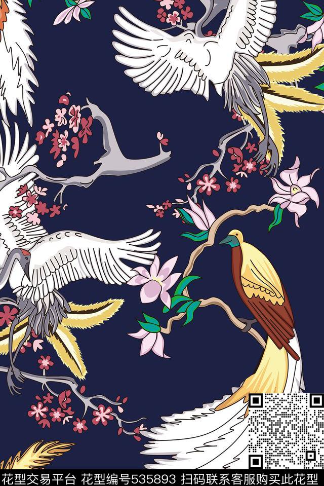 传统印花仙鹤枝条传统印花花型下载（图片编号: 535893） - 瓦栏（Walan）