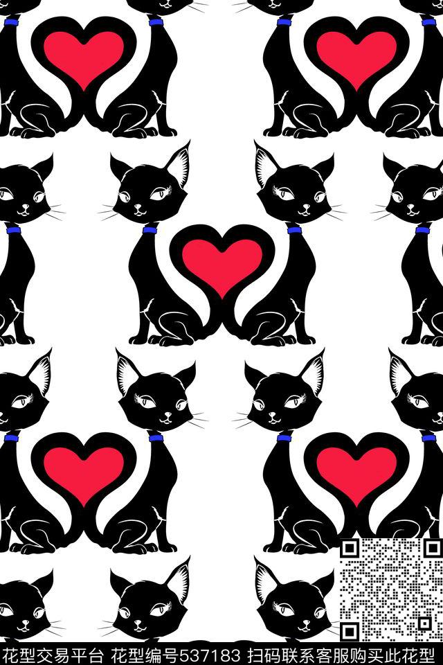 爱心卡通猫咪传统印花花型下载（图片编号: 537183） - 瓦栏（Walan）