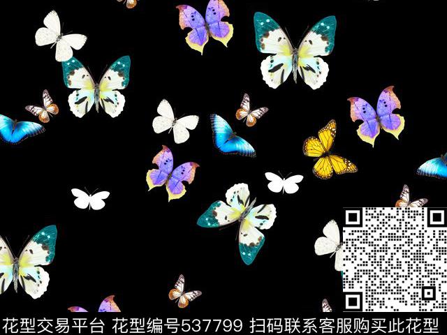 纯色底散花蝴蝶数码印花花型下载（图片编号: 537799） - 瓦栏（Walan）