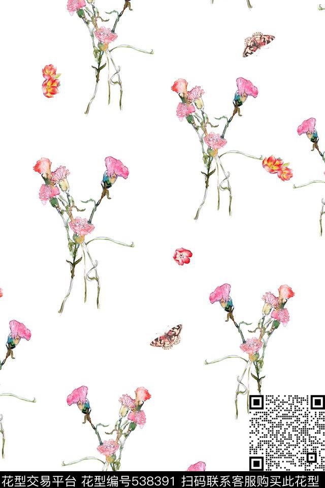 小清新手绘花卉蝴蝶数码印花花型下载（图片编号: 538391） - 瓦栏（Walan）