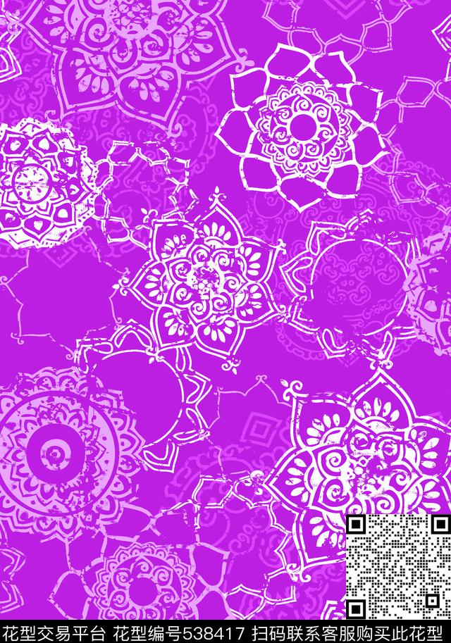 抽象花几何传统印花花型下载（图片编号: 538417） - 瓦栏（Walan）