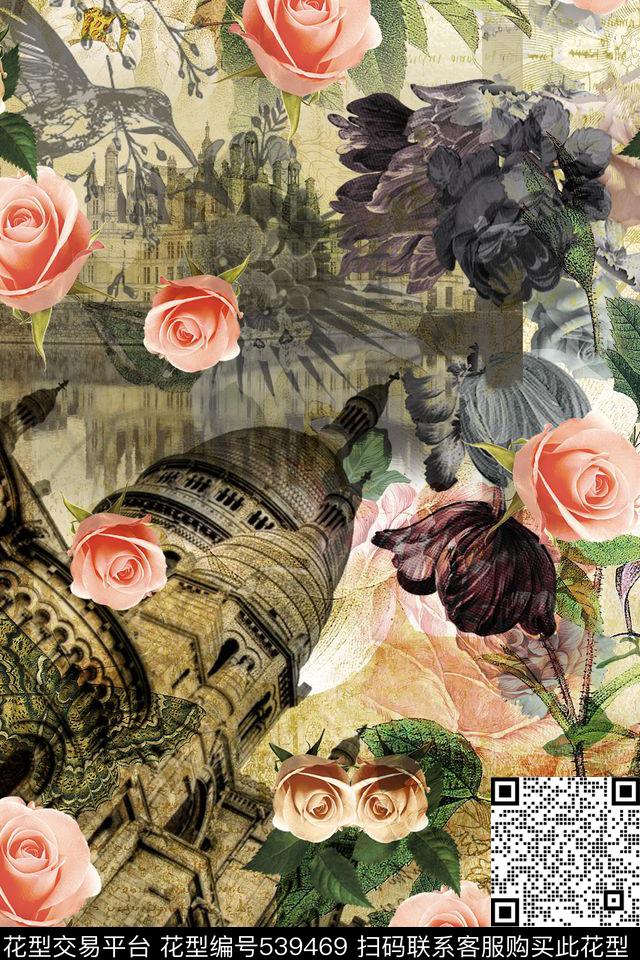 复古建筑玫瑰花卉油画花卉精美男装独幅图案男士秋冬衬衫大牌女装英伦复古数码印花花型下载（图片编号: 539469） - 瓦栏（Walan）