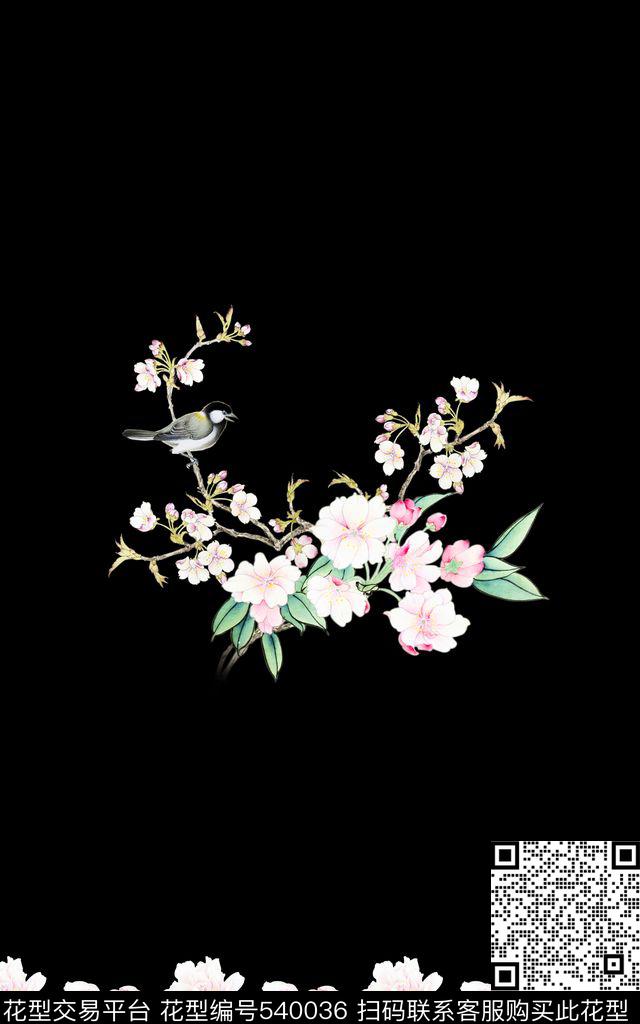 简单国画花卉鸟数码印花花型下载（图片编号: 540036） - 瓦栏（Walan）