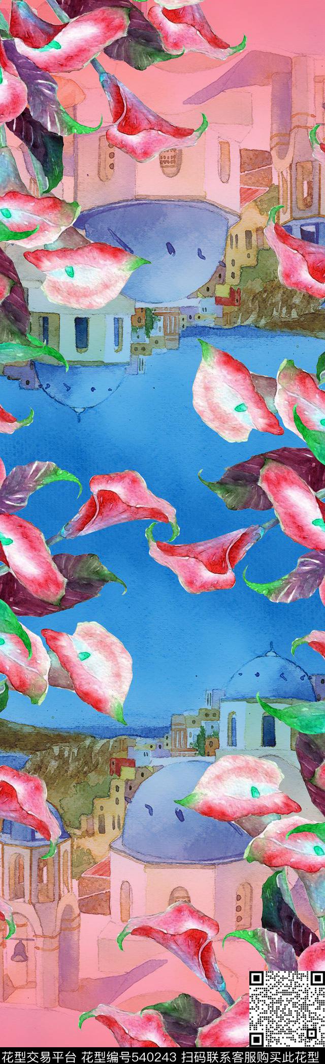 风景花卉建筑数码印花花型下载（图片编号: 540243） - 瓦栏（Walan）