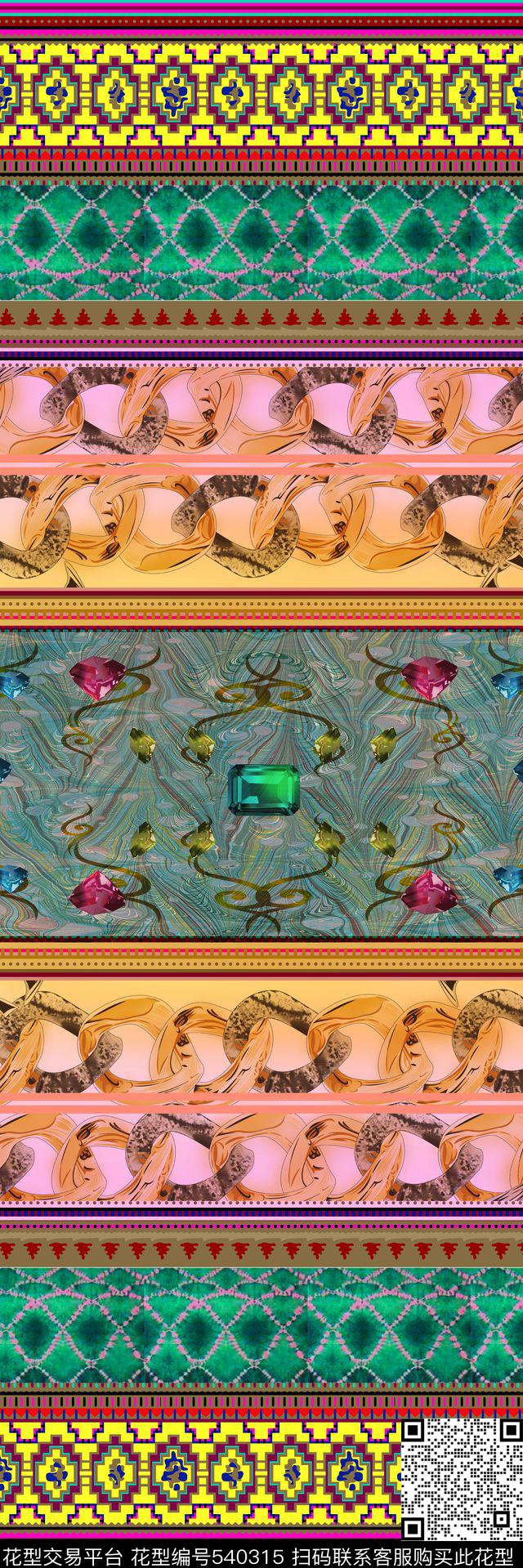 民族风纹样格子珠宝 - 540315 - 中国风 国画 定位 - 传统印花花型 － 长巾花型设计 － 瓦栏