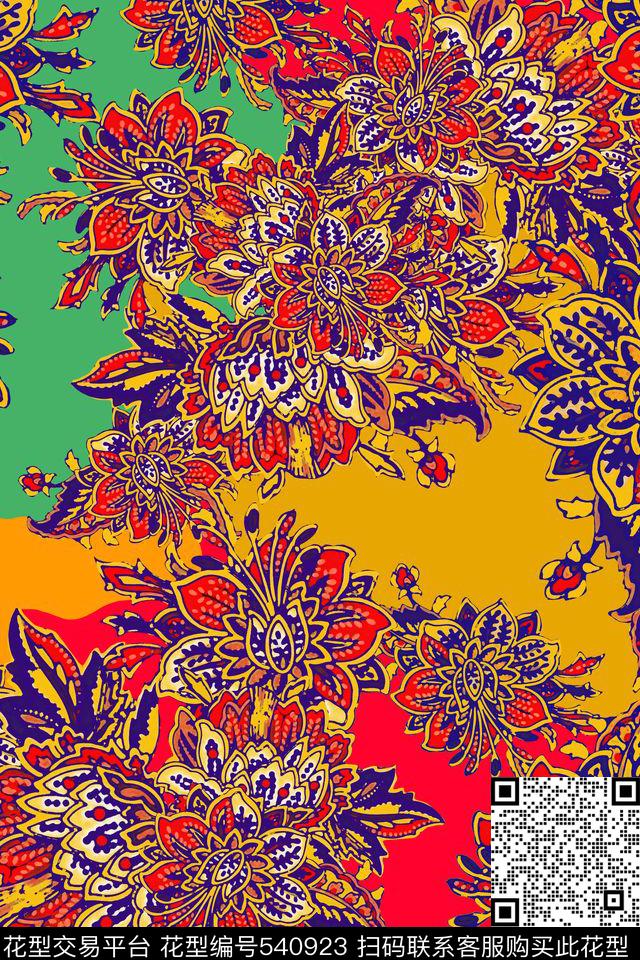 复古民族色彩时尚大牌花卉 - 540923 - 花卉 复古 民族 - 传统印花花型 － 女装花型设计 － 瓦栏
