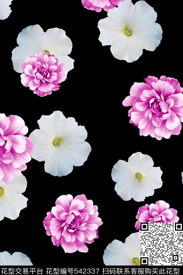 深底白色小花牡丹花 - 542337 - 专色底 花卉 牡丹花 - 数码印花花型 － 女装花型设计 － 瓦栏