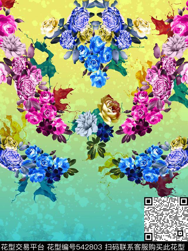 花环定位花卉数码印花花型下载（图片编号: 542803） - 瓦栏（Walan）