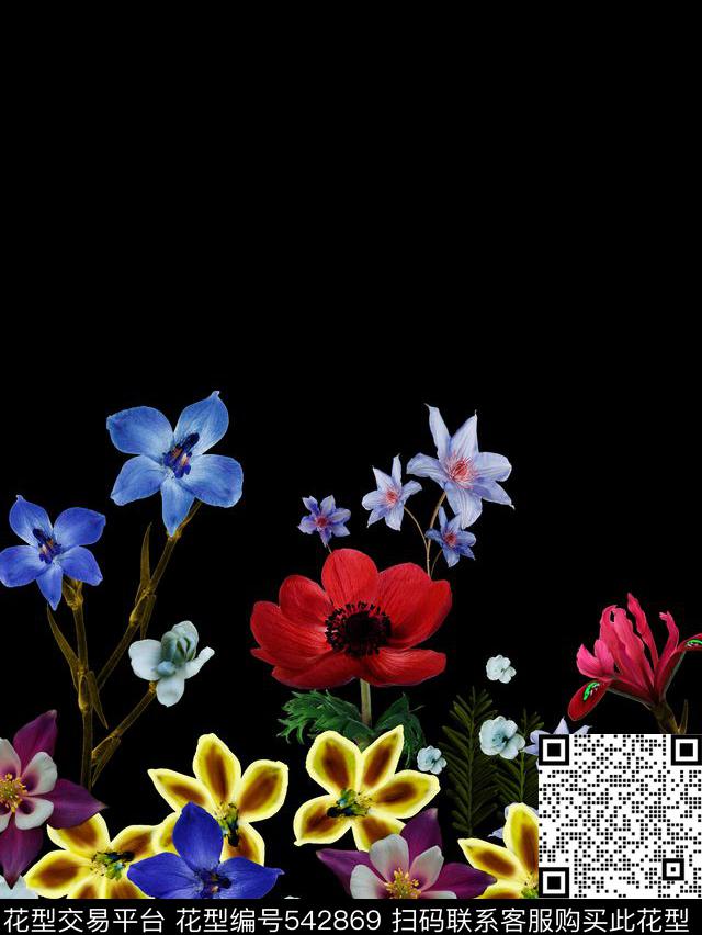 花卉定位复古数码印花花型下载（图片编号: 542869） - 瓦栏（Walan）