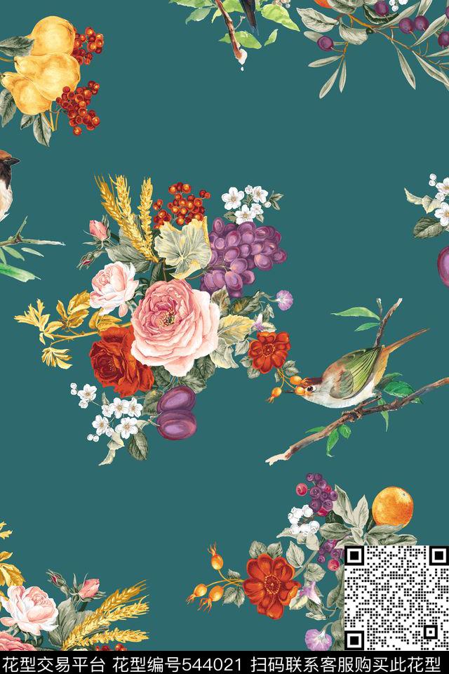简约手绘花卉鸟数码印花花型下载（图片编号: 544021） - 瓦栏（Walan）