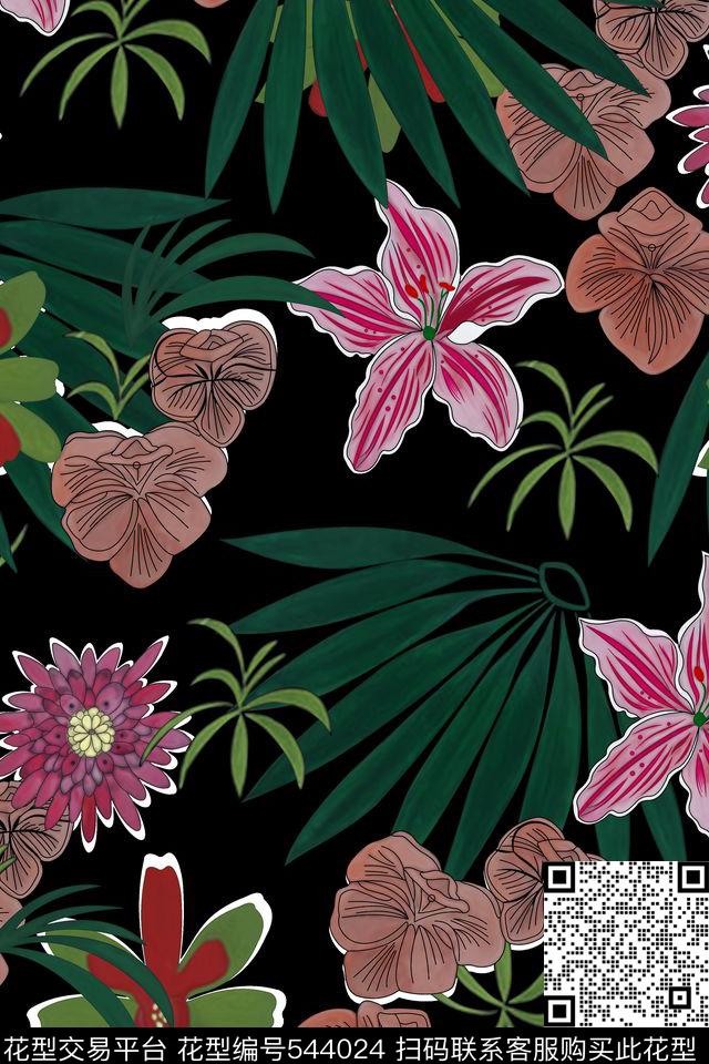 花卉植物纯色底数码印花花型下载（图片编号: 544024） - 瓦栏（Walan）