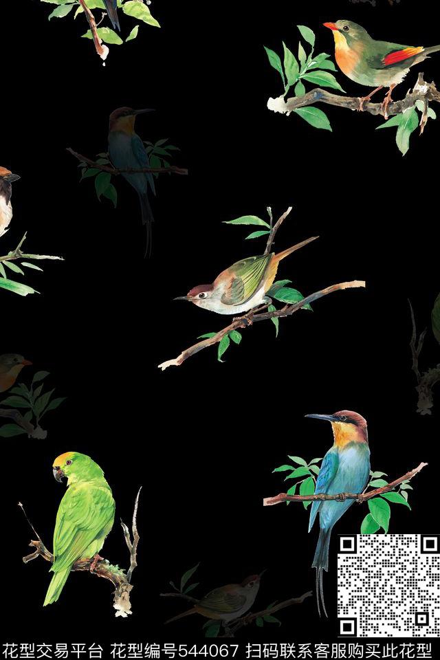 简约手绘小鸟数码印花花型下载（图片编号: 544067） - 瓦栏（Walan）