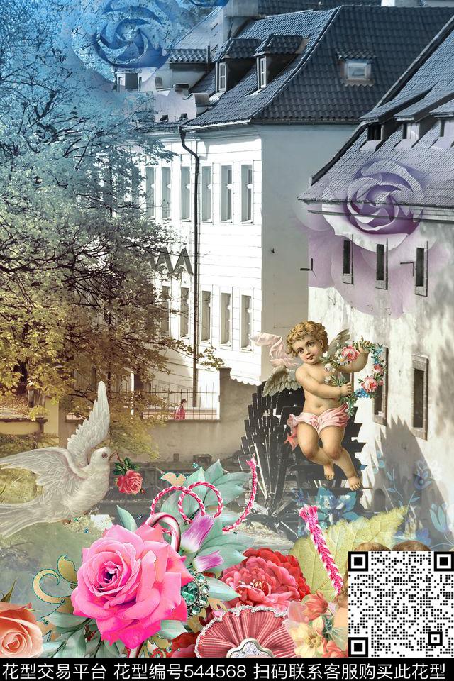 复古精美女装定位图案油画复古花卉油画小天使油画风景数码印花花型下载（图片编号: 544568） - 瓦栏（Walan）