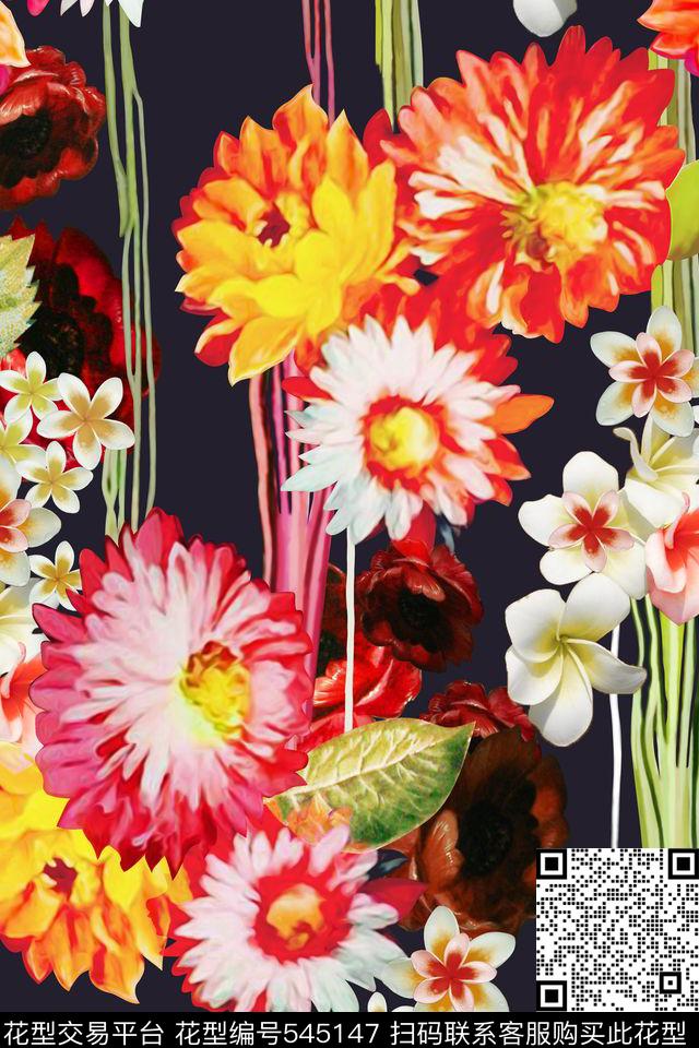 花卉纯色底叶子数码印花花型下载（图片编号: 545147） - 瓦栏（Walan）