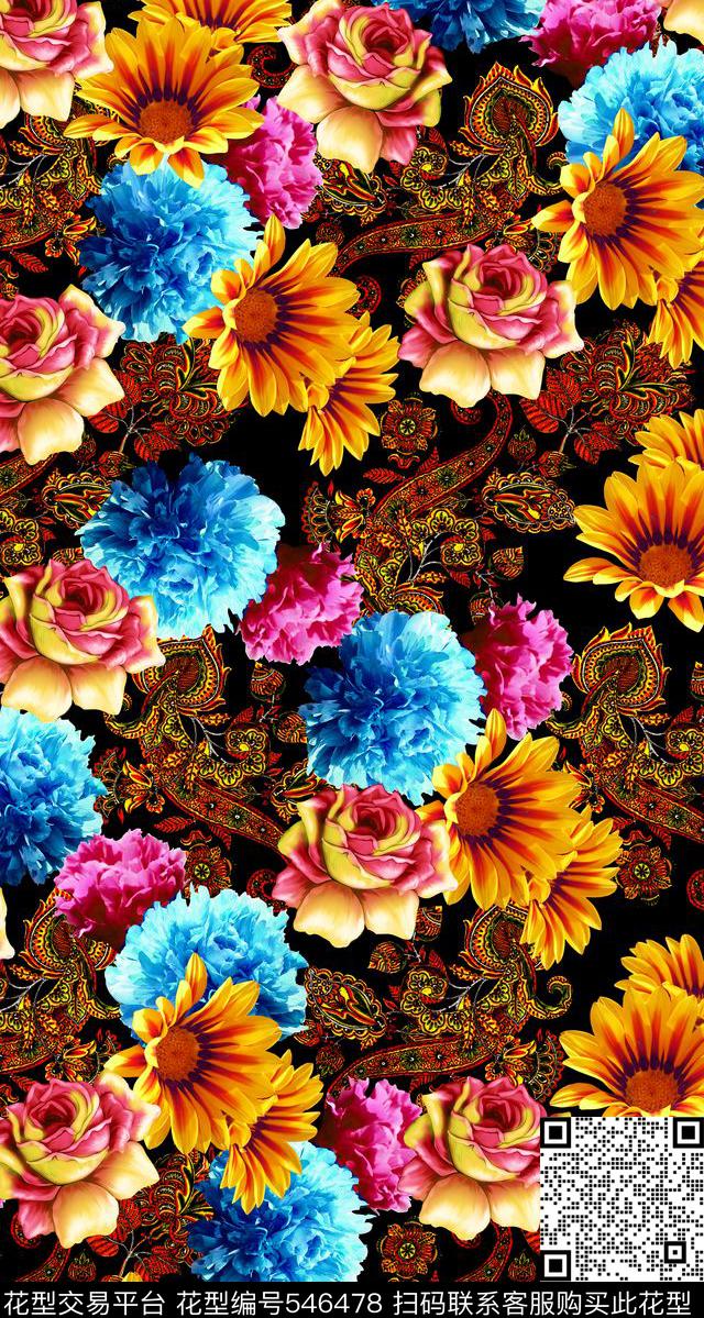 手绘佩斯利花卉  - 546478 - 花卉组合 浪漫花卉 大花朵 - 数码印花花型 － 女装花型设计 － 瓦栏