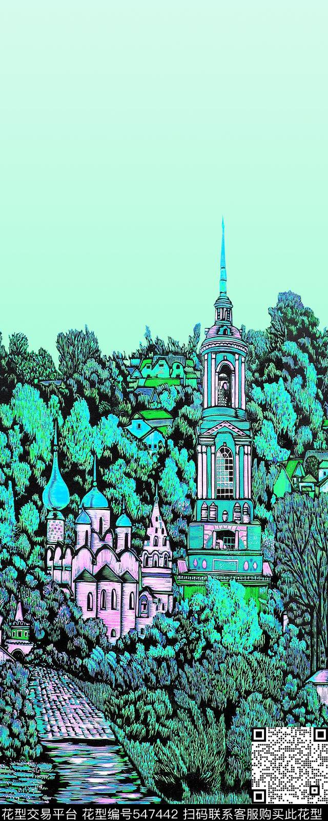 风景版画风景定位手绘数码印花花型下载（图片编号: 547442） - 瓦栏（Walan）