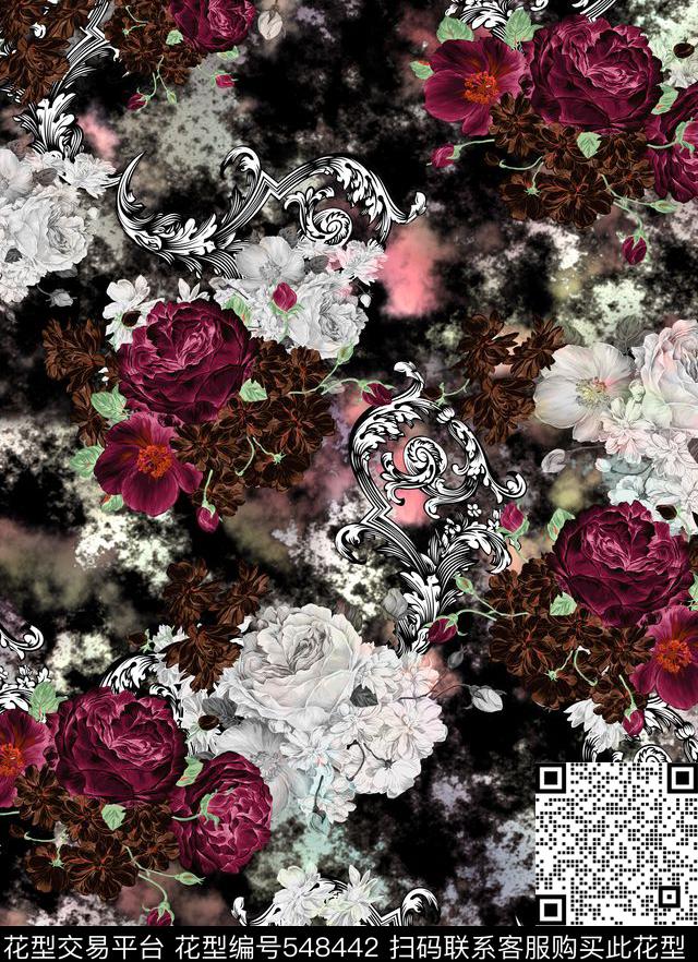 暗地花边花卉数码印花花型下载（图片编号: 548442） - 瓦栏（Walan）